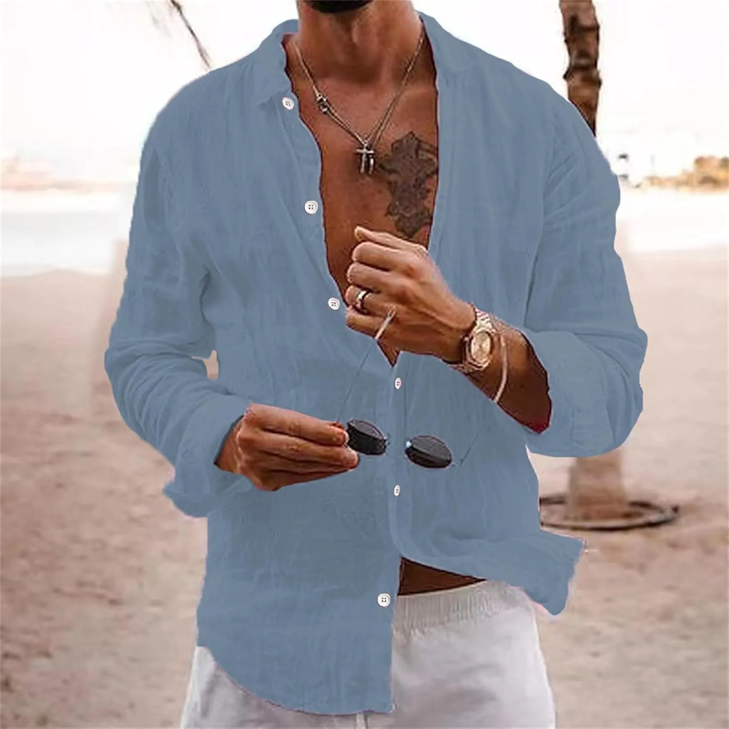 Button Down Linen Shirts for Men Casual Summer Beach Shirts Hipster Regular Fit Long Sleeve Shirts Everyday Clothing