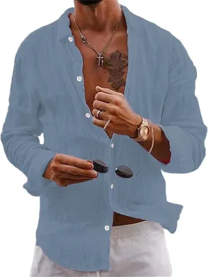 Button Down Linen Shirts for Men Casual Summer Beach Shirts Hipster Regular Fit Long Sleeve Shirts Everyday Clothing