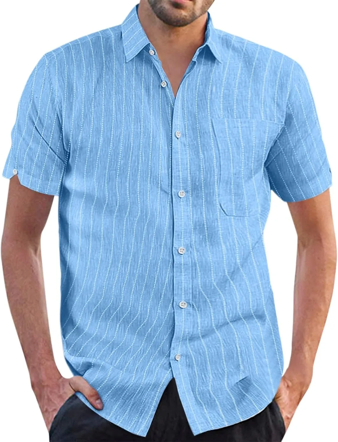 Button Down Shirt Men Striped Linen Shirts Short Sleeve Casual Button Up Shirt With Pocket s Beach Summer Wedding