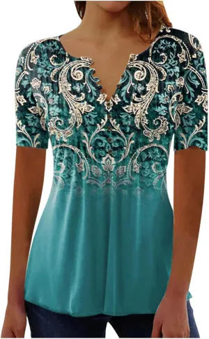 Casual Dressy Tops for Women Vintage Short Sleeve Empire Waist Button Down Shirts Summer Floral Print Bohemian Blouse