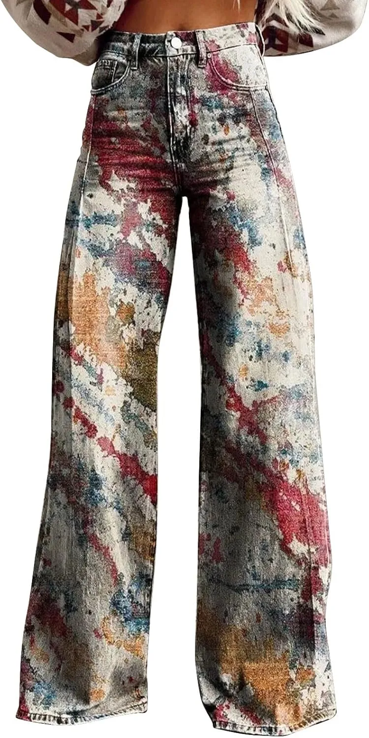 Casual High Waist Loose Cargo Pants Women Vintage Hippie Pants Trendy Wide Leg Trousers Print Straight Pants Halloween
