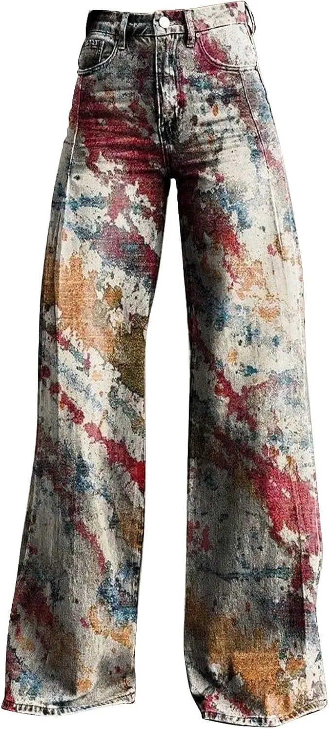 Casual High Waist Loose Cargo Pants Women Vintage Hippie Pants Trendy Wide Leg Trousers Print Straight Pants Halloween