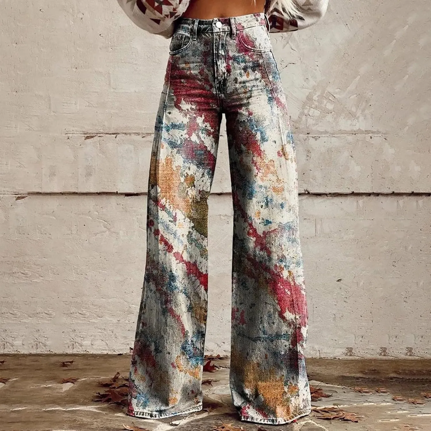 Casual High Waist Loose Cargo Pants Women Vintage Hippie Pants Trendy Wide Leg Trousers Print Straight Pants Halloween