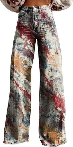 Casual High Waist Loose Cargo Pants Women Vintage Hippie Pants Trendy Wide Leg Trousers Print Straight Pants Halloween