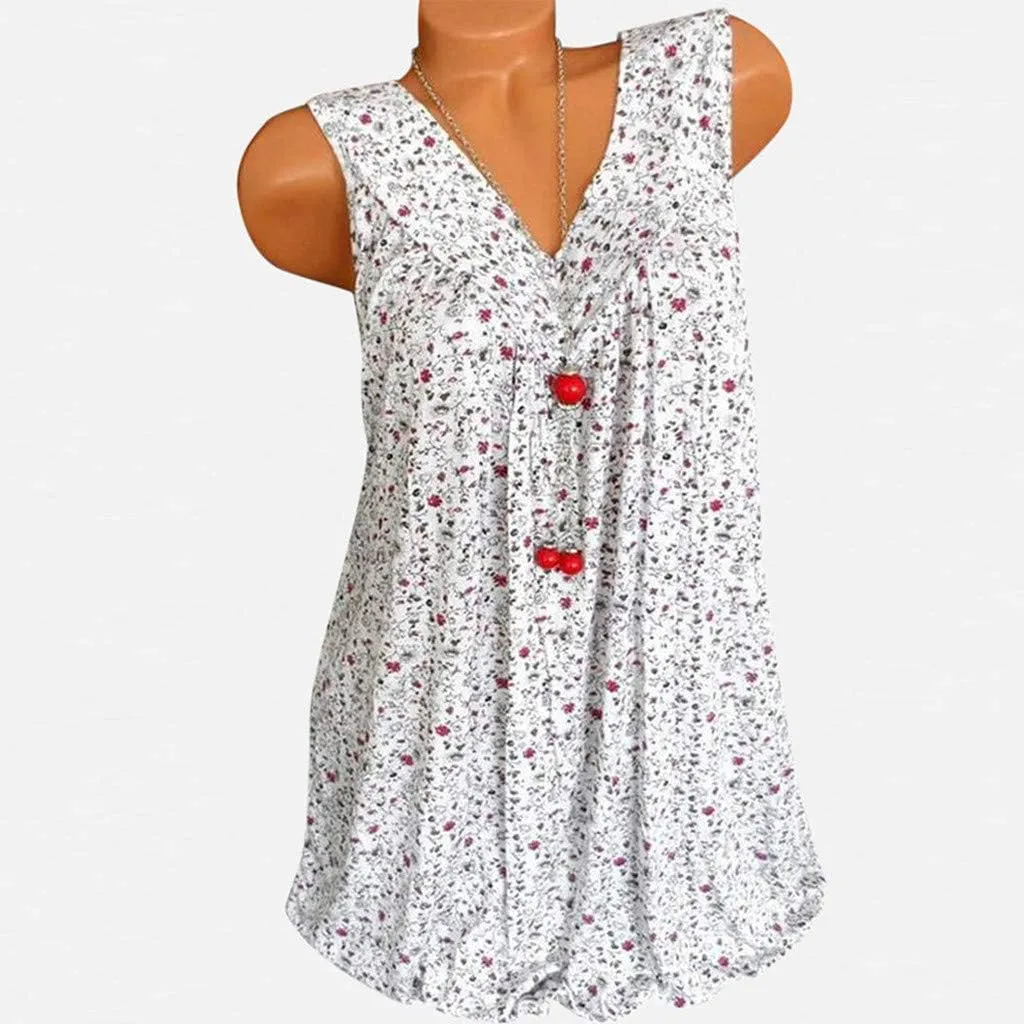Ceboyel Women 2023 Boho Floral Summer Shirts V Neck Sleeveless Summer Tank Top Loose Fitted Blouse Tunic Ladies Beach Clothes