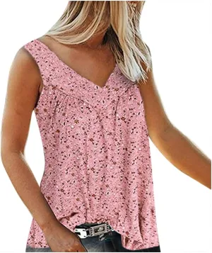 Ceboyel Women 2023 Boho Floral Summer Shirts V Neck Sleeveless Summer Tank Top Loose Fitted Blouse Tunic Ladies Beach Clothes