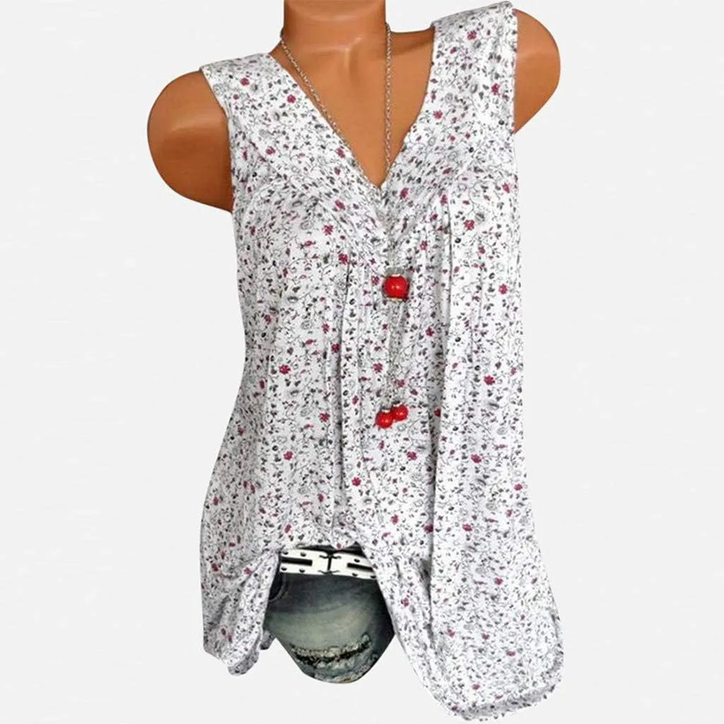 Ceboyel Women 2023 Boho Floral Summer Shirts V Neck Sleeveless Summer Tank Top Loose Fitted Blouse Tunic Ladies Beach Clothes