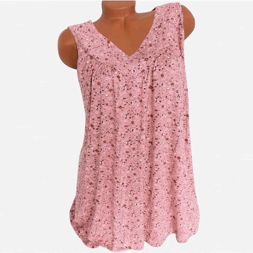 Ceboyel Women 2023 Boho Floral Summer Shirts V Neck Sleeveless Summer Tank Top Loose Fitted Blouse Tunic Ladies Beach Clothes