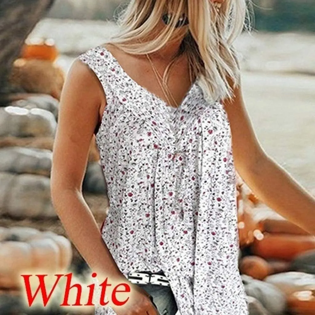 Ceboyel Women 2023 Boho Floral Summer Shirts V Neck Sleeveless Summer Tank Top Loose Fitted Blouse Tunic Ladies Beach Clothes
