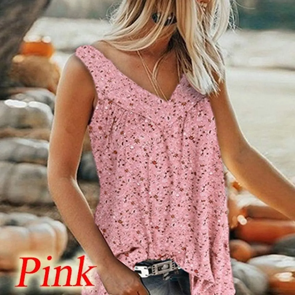 Ceboyel Women 2023 Boho Floral Summer Shirts V Neck Sleeveless Summer Tank Top Loose Fitted Blouse Tunic Ladies Beach Clothes