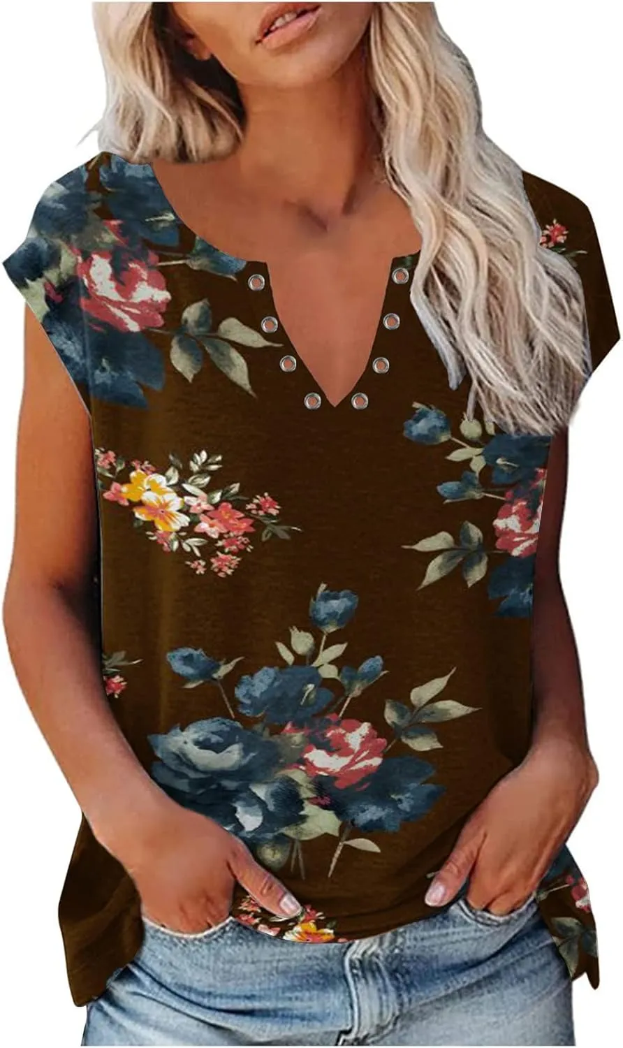 Ceboyel Womens Striped Casual T-Shirt Cap Sleeve V Neck Blouse Shirts Casual Tee Tops Summer Vacation Outfits 2023