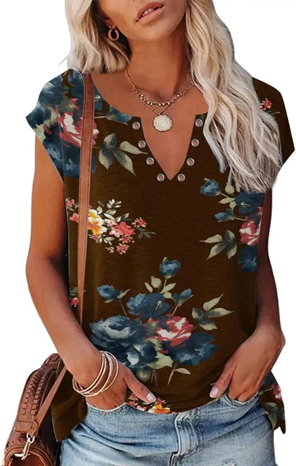 Ceboyel Womens Striped Casual T-Shirt Cap Sleeve V Neck Blouse Shirts Casual Tee Tops Summer Vacation Outfits 2023