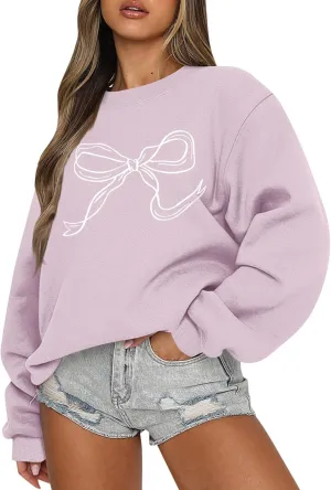 ChicCrate Oversized Crewneck Sweatshirt Women Cute Bow Graphic Sweatshirts Long Sleeve Pullover Bow Sweater Y2k Tops