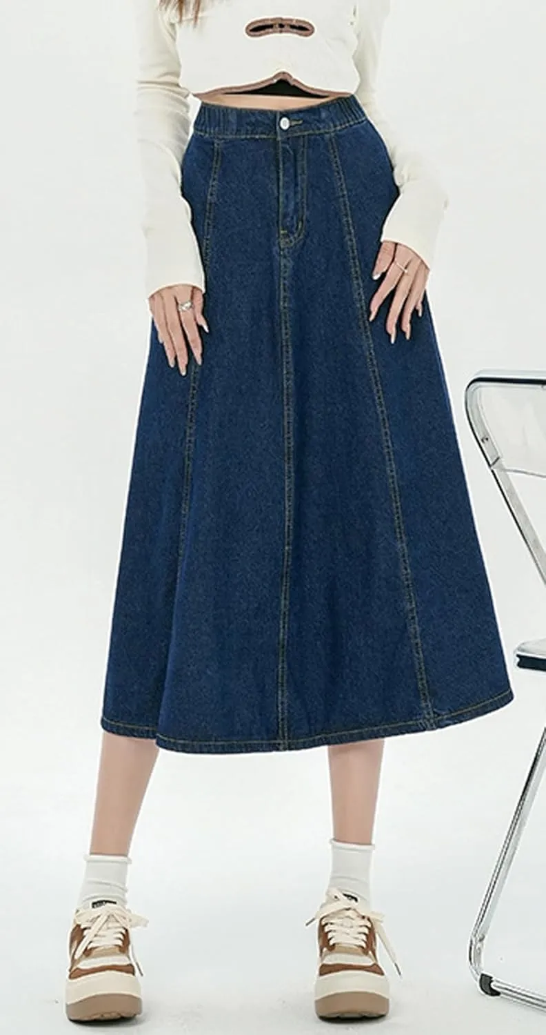 chouyatou Women's High Elastic Waist Spring Midi Denim Skirt Casual A-Line Pleated Umbrella Jean Skirt
