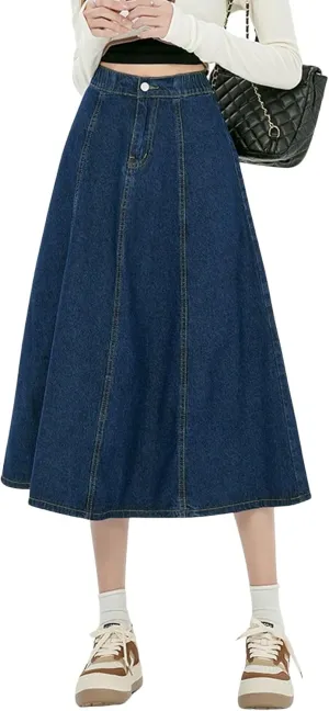 chouyatou Women's High Elastic Waist Spring Midi Denim Skirt Casual A-Line Pleated Umbrella Jean Skirt