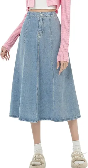 chouyatou Women's High Elastic Waist Spring Midi Denim Skirt Casual A-Line Pleated Umbrella Jean Skirt