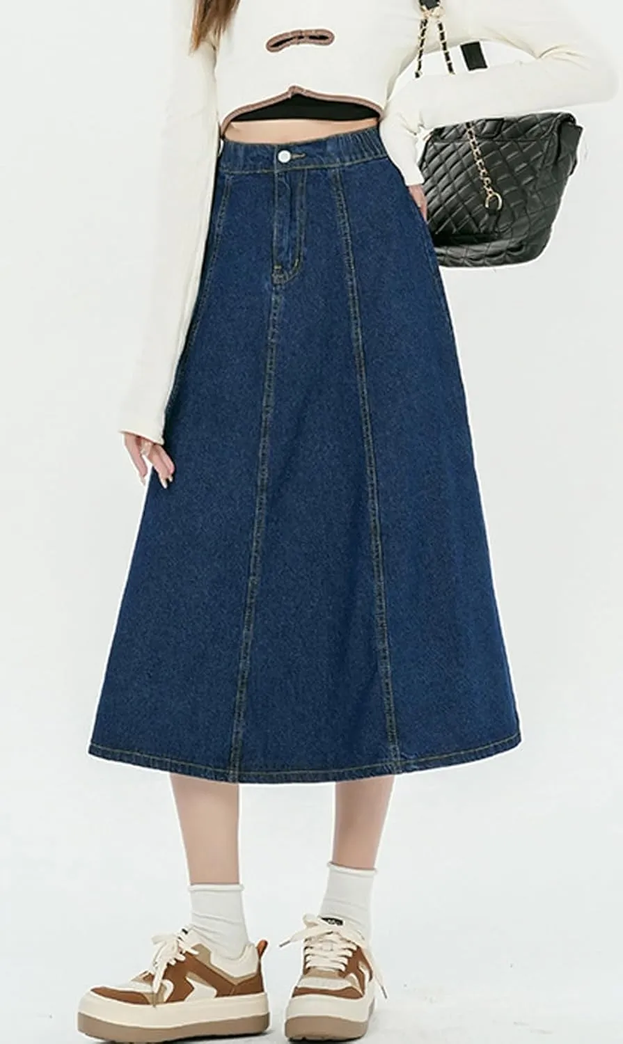 chouyatou Women's High Elastic Waist Spring Midi Denim Skirt Casual A-Line Pleated Umbrella Jean Skirt