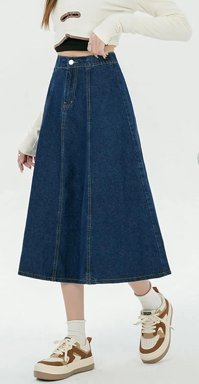 chouyatou Women's High Elastic Waist Spring Midi Denim Skirt Casual A-Line Pleated Umbrella Jean Skirt