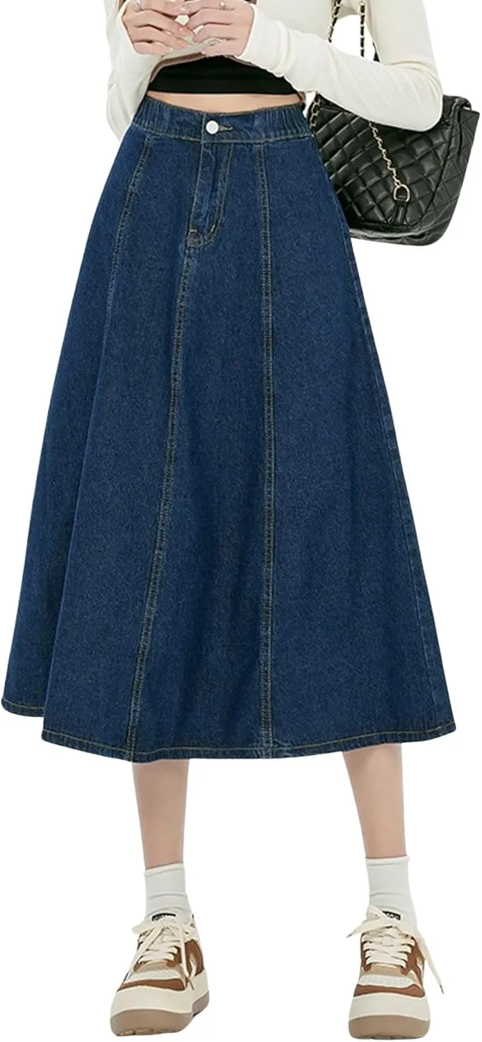chouyatou Women's High Elastic Waist Spring Midi Denim Skirt Casual A-Line Pleated Umbrella Jean Skirt