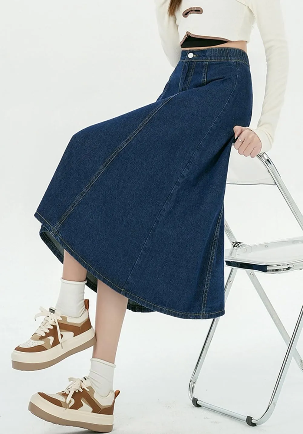 chouyatou Women's High Elastic Waist Spring Midi Denim Skirt Casual A-Line Pleated Umbrella Jean Skirt