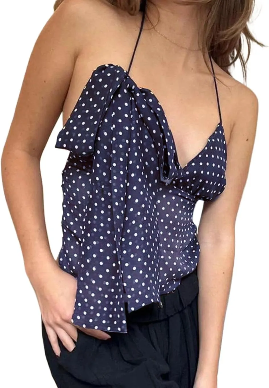 Cioatin Women Y2K Polka Dot Chiffon Mesh Halter Crop Camisole with Scarf Deep V Neck Tie Up Open Back Tank Tops Summer
