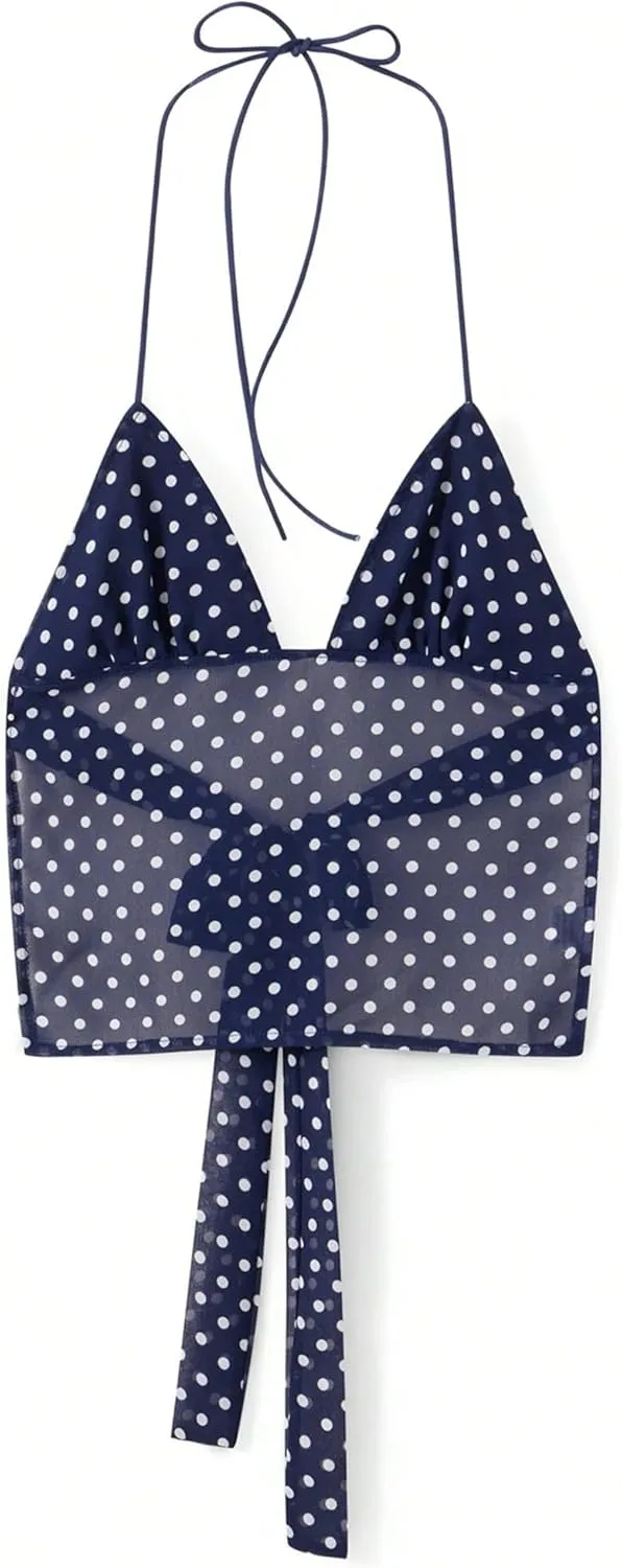 Cioatin Women Y2K Polka Dot Chiffon Mesh Halter Crop Camisole with Scarf Deep V Neck Tie Up Open Back Tank Tops Summer