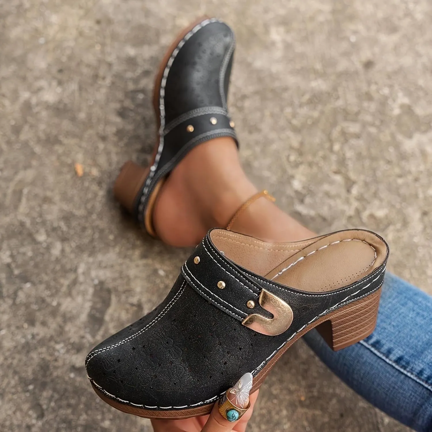 Clogs for Women Mules Slip-On Closed Toe Wedge Heels Hollow Breathable Backless Slippers Summer Casual Chunky Heel Sandals