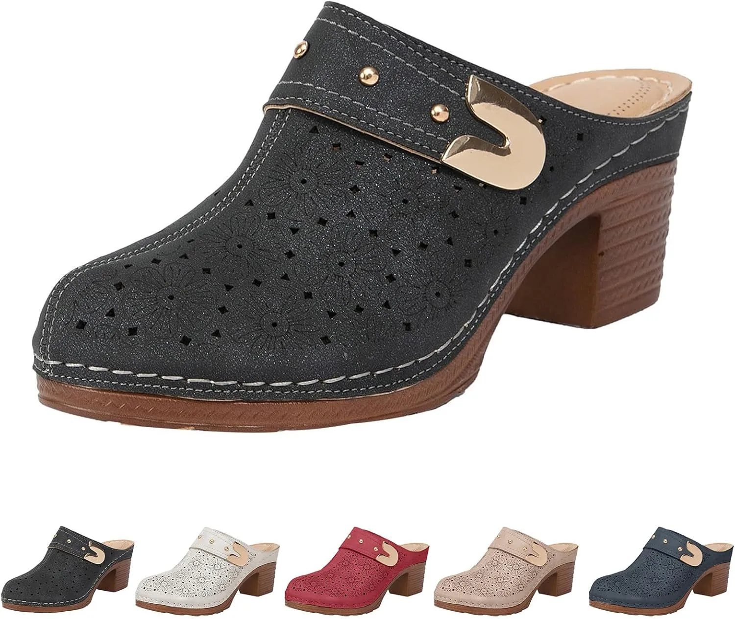 Clogs for Women Mules Slip-On Closed Toe Wedge Heels Hollow Breathable Backless Slippers Summer Casual Chunky Heel Sandals