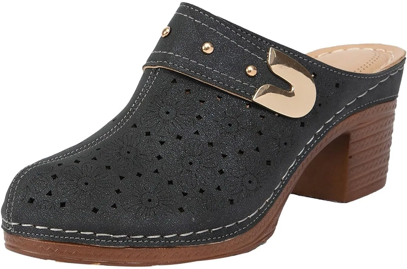 Clogs for Women Mules Slip-On Closed Toe Wedge Heels Hollow Breathable Backless Slippers Summer Casual Chunky Heel Sandals