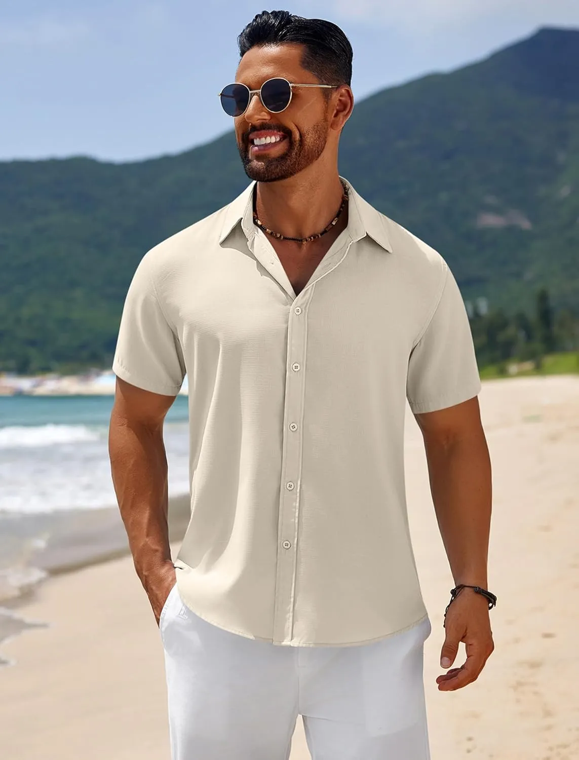 COOFANDY Mens Casual Beach Shirts Short Sleeve Button Down Shirts Summer Vacation Untucked Dress Shirts