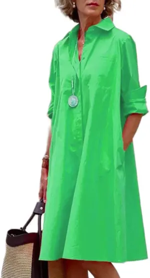 Costaric Women's Long Sleeve Button Down Shirt Dress Cotton Linen V Neck Loose Fit Casual Shirt Dresses with Pockets