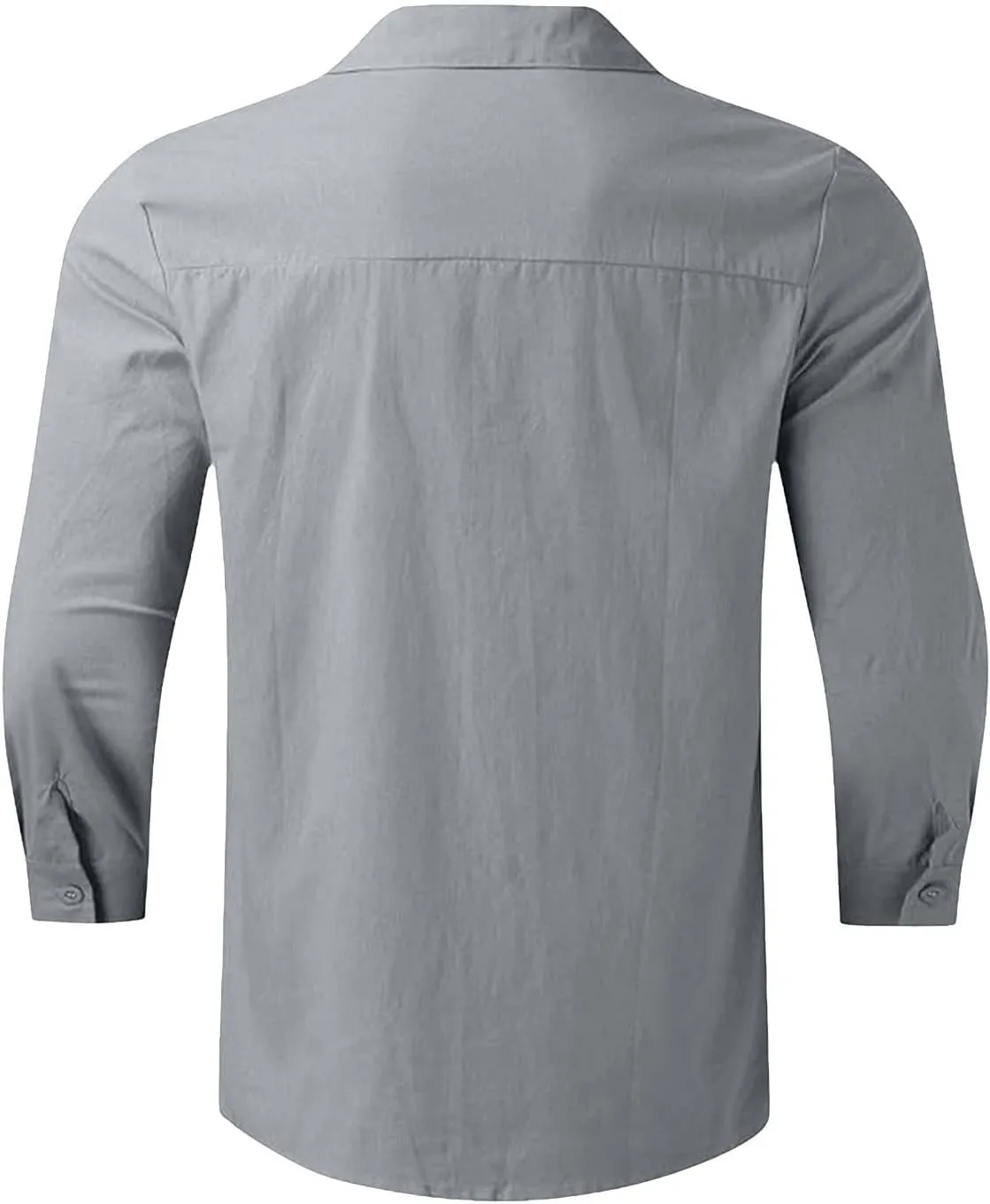 Cotton Linen Button Down Shirts for Men 3/4 Sleeve Collared V Neck Dress Shirt Summer Casual Plain Beach Vacation Top