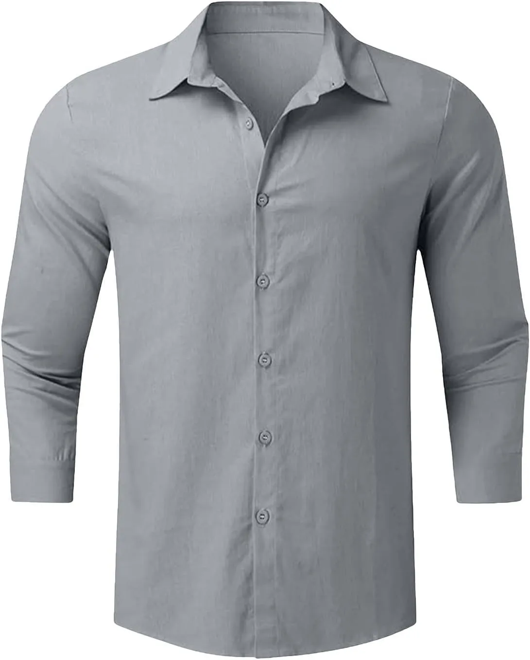 Cotton Linen Button Down Shirts for Men 3/4 Sleeve Collared V Neck Dress Shirt Summer Casual Plain Beach Vacation Top