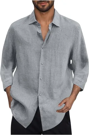 Cotton Linen Button Down Shirts for Men 3/4 Sleeve Collared V Neck Dress Shirt Summer Casual Plain Beach Vacation Top