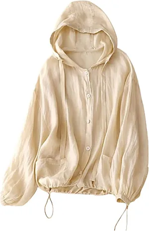 Cotton Linen Hoodie Tops Womens 2025 Summer Hooded Long Sleeve Shirts Ladies Dressy Casual Button Down Blouses Tees