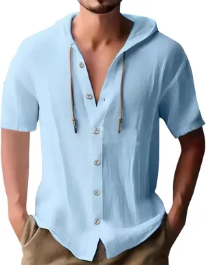 Cotton Linen Shirts for Men Hoodie Tops Casual Lightweight Long Sleeve Henley Beach Shirt Loose Hawaiian Hippie Shirt
