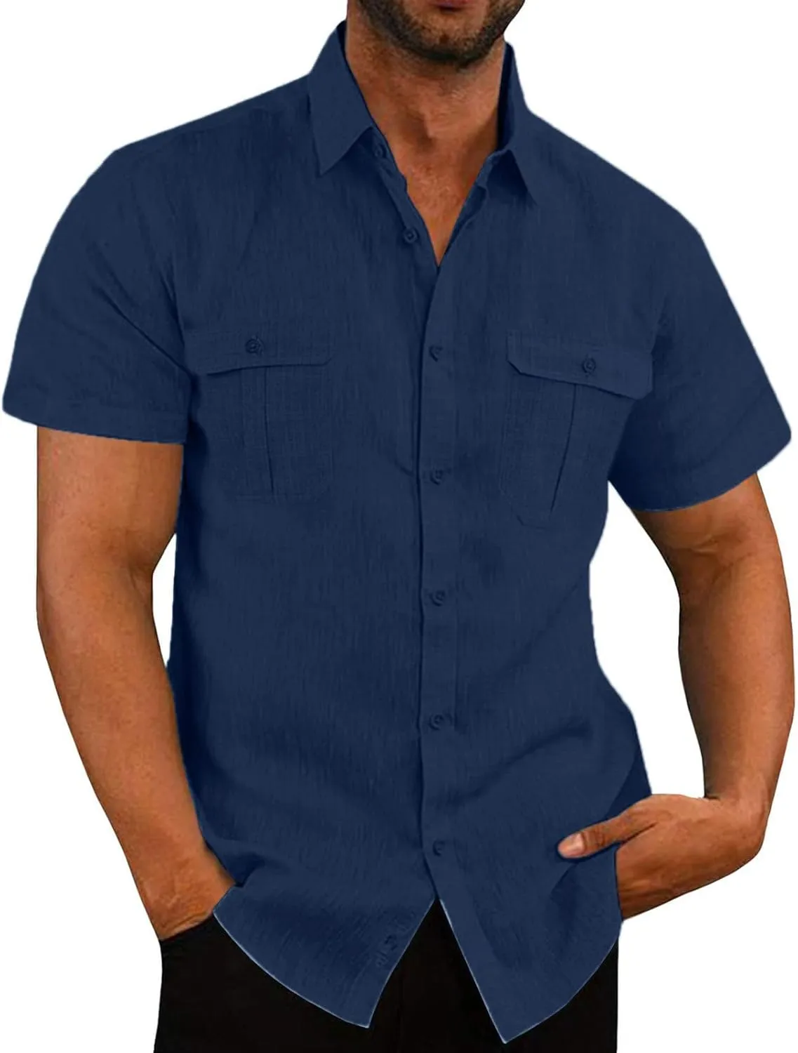 Cotton Linen Shirts for Men Short Sleeve Mens Linen Shirt Textured Casual Button Down Shirts Casual Summer Beach Shirts Top