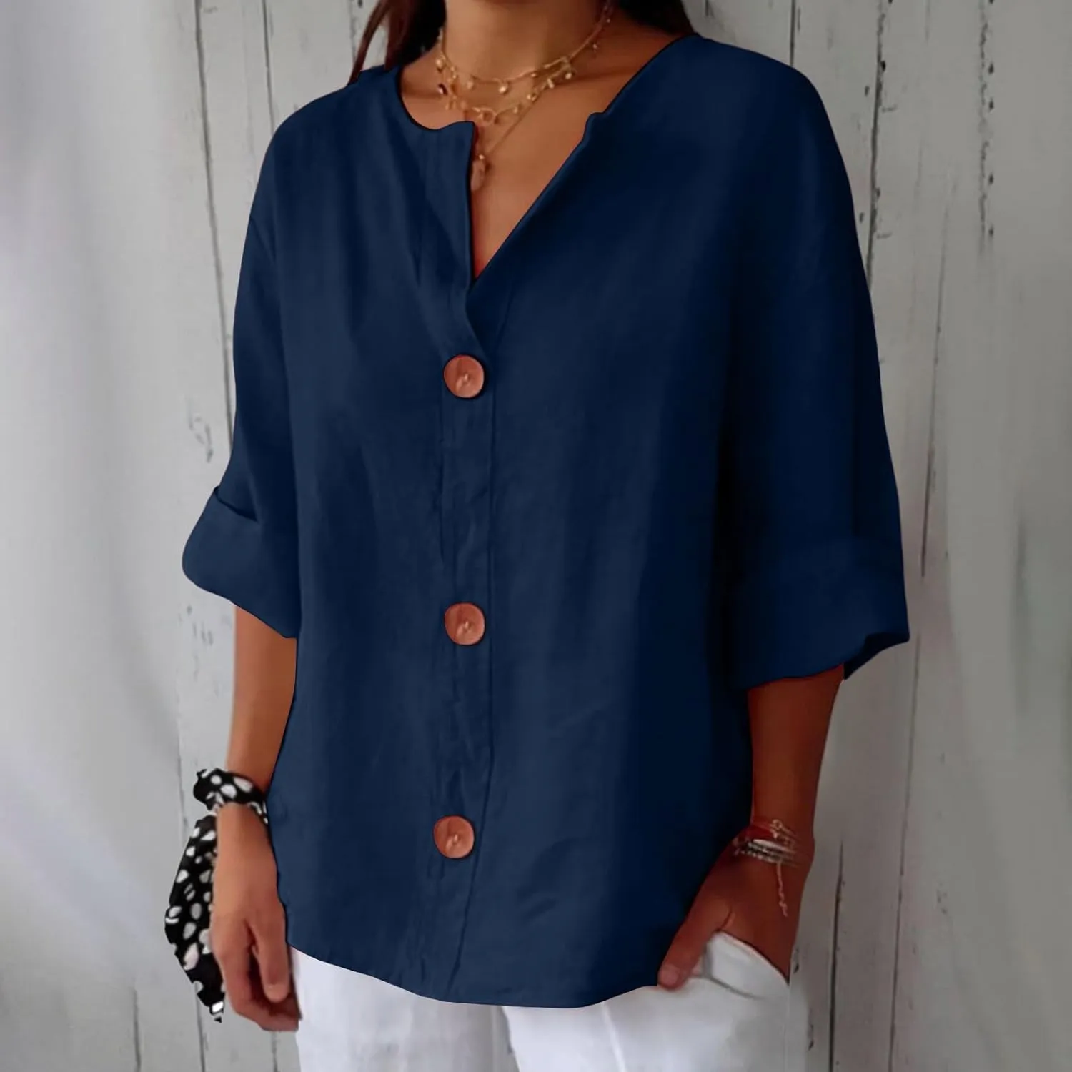 Cotton Linen Shirts for Women 2025 Summer V Neck 3/4 Sleeve Casual Button Down Blouses Vacation Beach Tunic Tops
