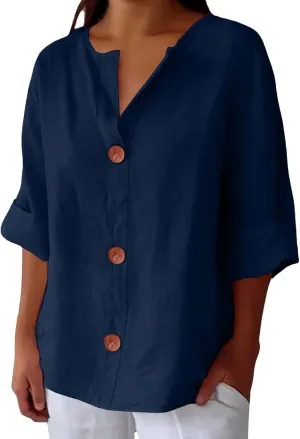 Cotton Linen Shirts for Women 2025 Summer V Neck 3/4 Sleeve Casual Button Down Blouses Vacation Beach Tunic Tops