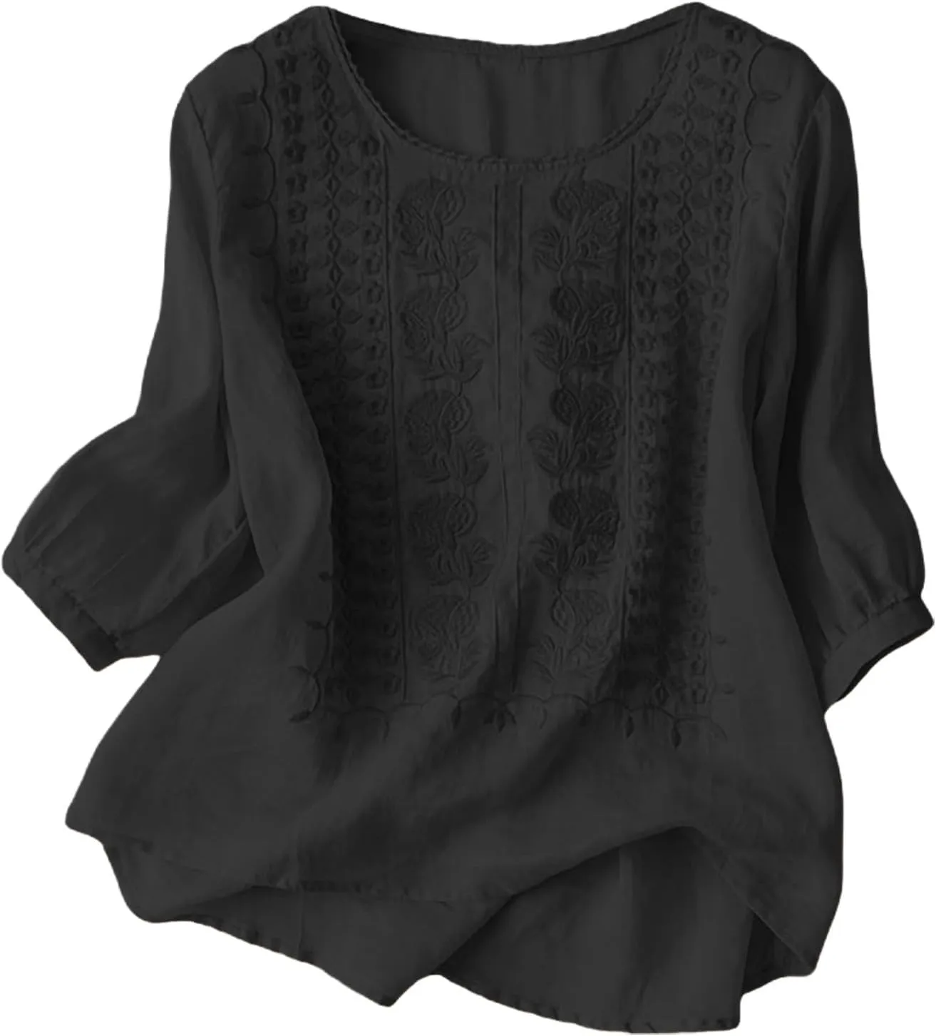 Cotton Linen Shirts for Women 2025 Trendy Summer Retro Embroidered 3/4 Sleeve Boho Blouse Dressy Casual Vacation Top