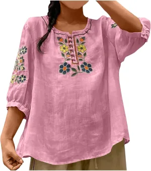 Cotton Linen Tops for Women 2025 Summer Boho Embroidered Mexican Blouse Casual Crewneck Oversized Tee Shirts Tunics