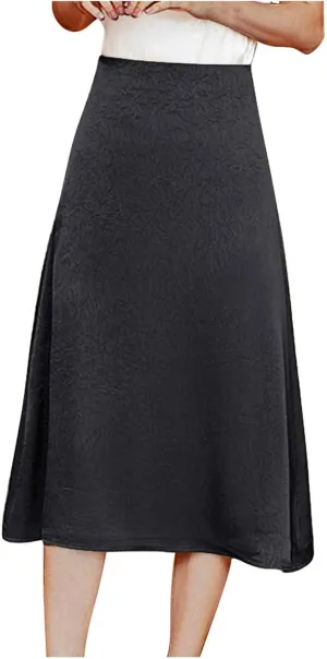 Cotton Satin Midi Skirt Women Sleek Silky Texture Elegant Skirt Black