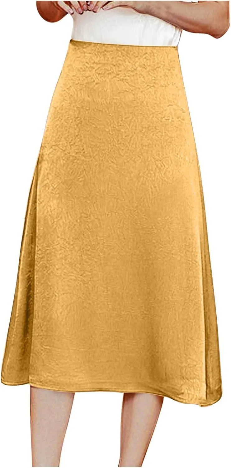 Cotton Satin Midi Skirt Women Sleek Silky Texture Elegant Skirt Black