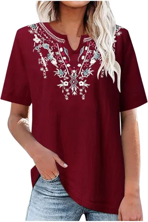 Cotton Shirts for Women Fashion Embroidery Short Sleeve Tops Casual Loose Fit Summer Blouses Comfy Size T-Shirts