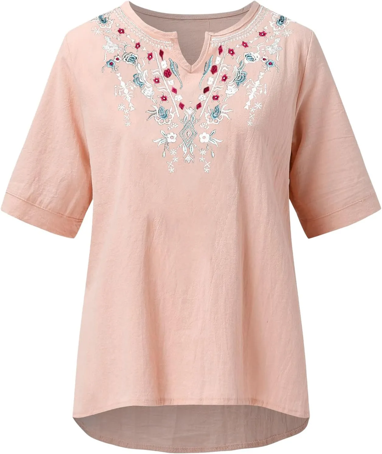 Cotton Shirts for Women Fashion Embroidery Short Sleeve Tops Casual Loose Fit Summer Blouses Comfy Size T-Shirts