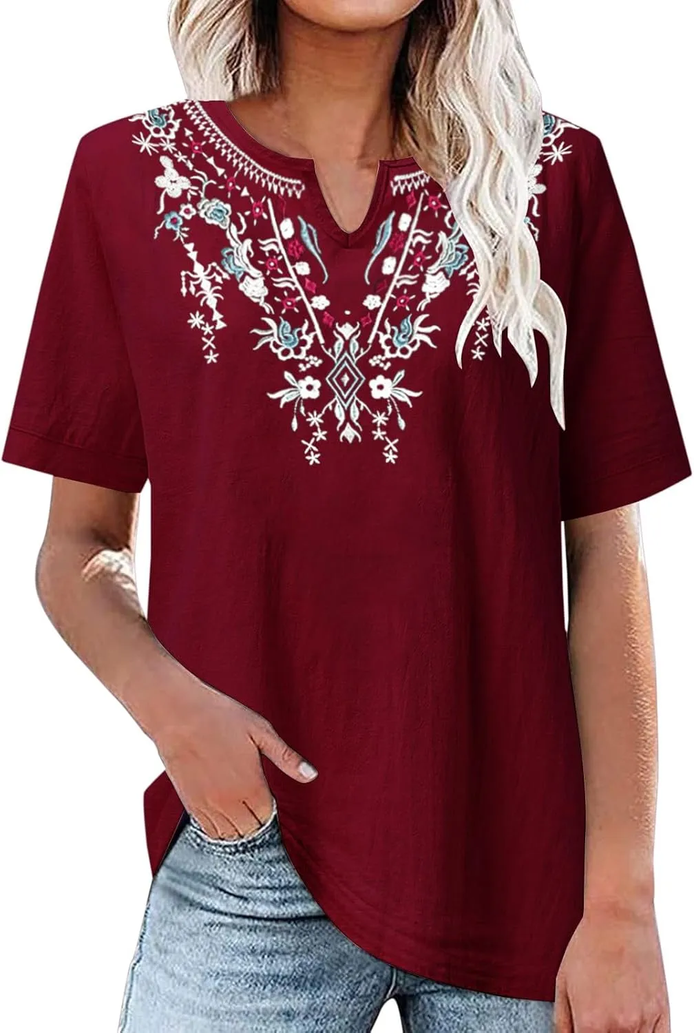 Cotton Shirts for Women Fashion Embroidery Short Sleeve Tops Casual Loose Fit Summer Blouses Comfy Size T-Shirts