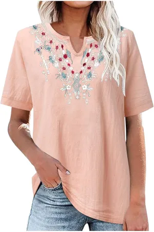 Cotton Shirts for Women Fashion Embroidery Short Sleeve Tops Casual Loose Fit Summer Blouses Comfy Size T-Shirts
