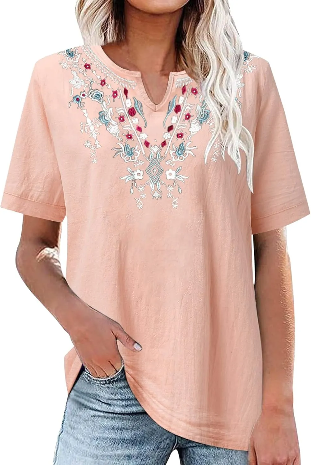 Cotton Shirts for Women Fashion Embroidery Short Sleeve Tops Casual Loose Fit Summer Blouses Comfy Size T-Shirts