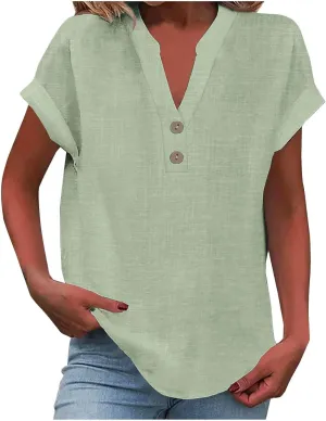 Cotton T Shirts Women Casual Short Sleeve Button V Neck Tops Loose Fit Basic Business Summer Boho Tee Shirt