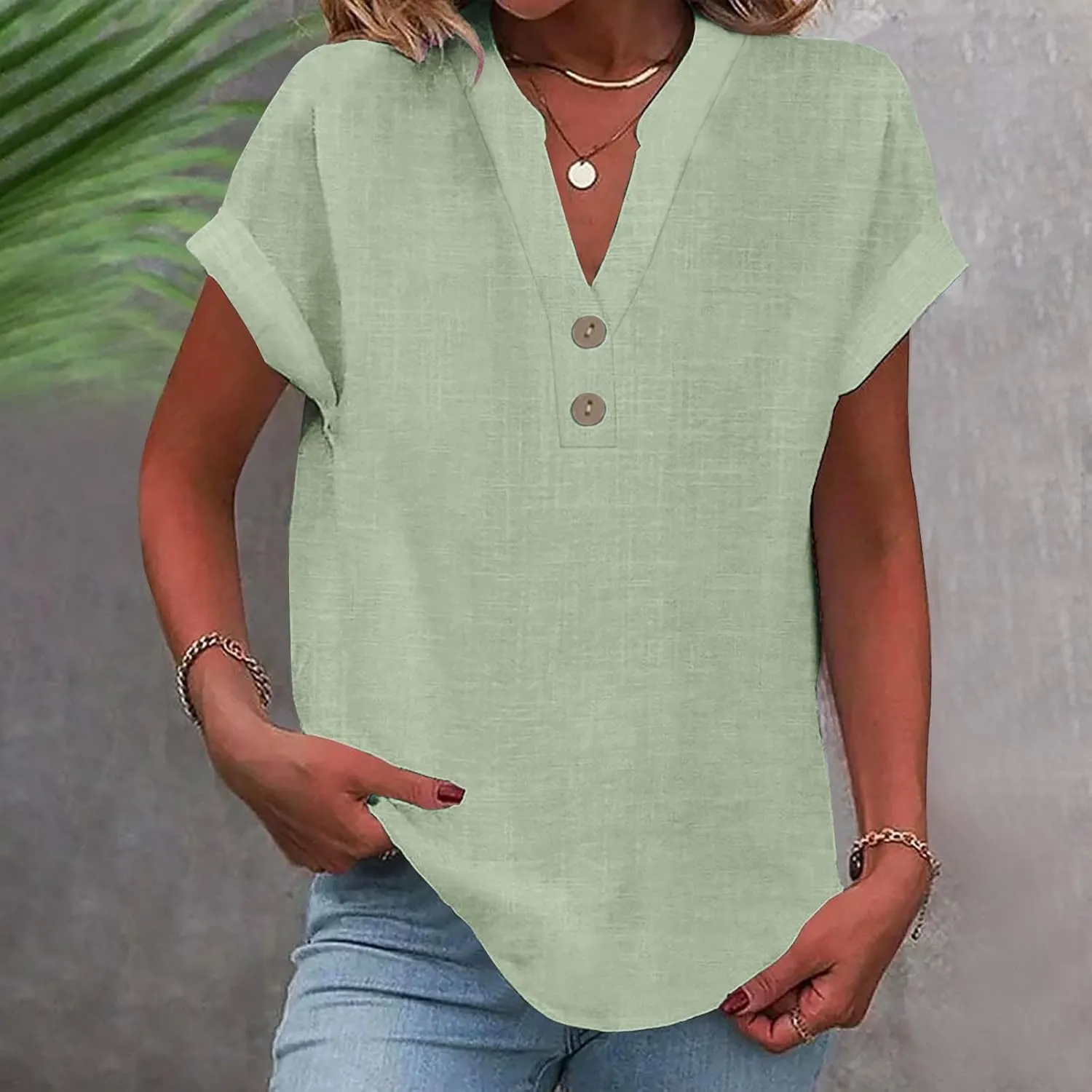 Cotton T Shirts Women Casual Short Sleeve Button V Neck Tops Loose Fit Basic Business Summer Boho Tee Shirt